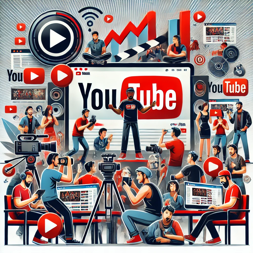 Uma-representacao-visual-do-impacto-do-YouTube-na-criacao-de-conteudo-digital-incluindo-influenciadores-e-interacoes-com-o-publico A Evolução do YouTube: De Startup a Gigante Global