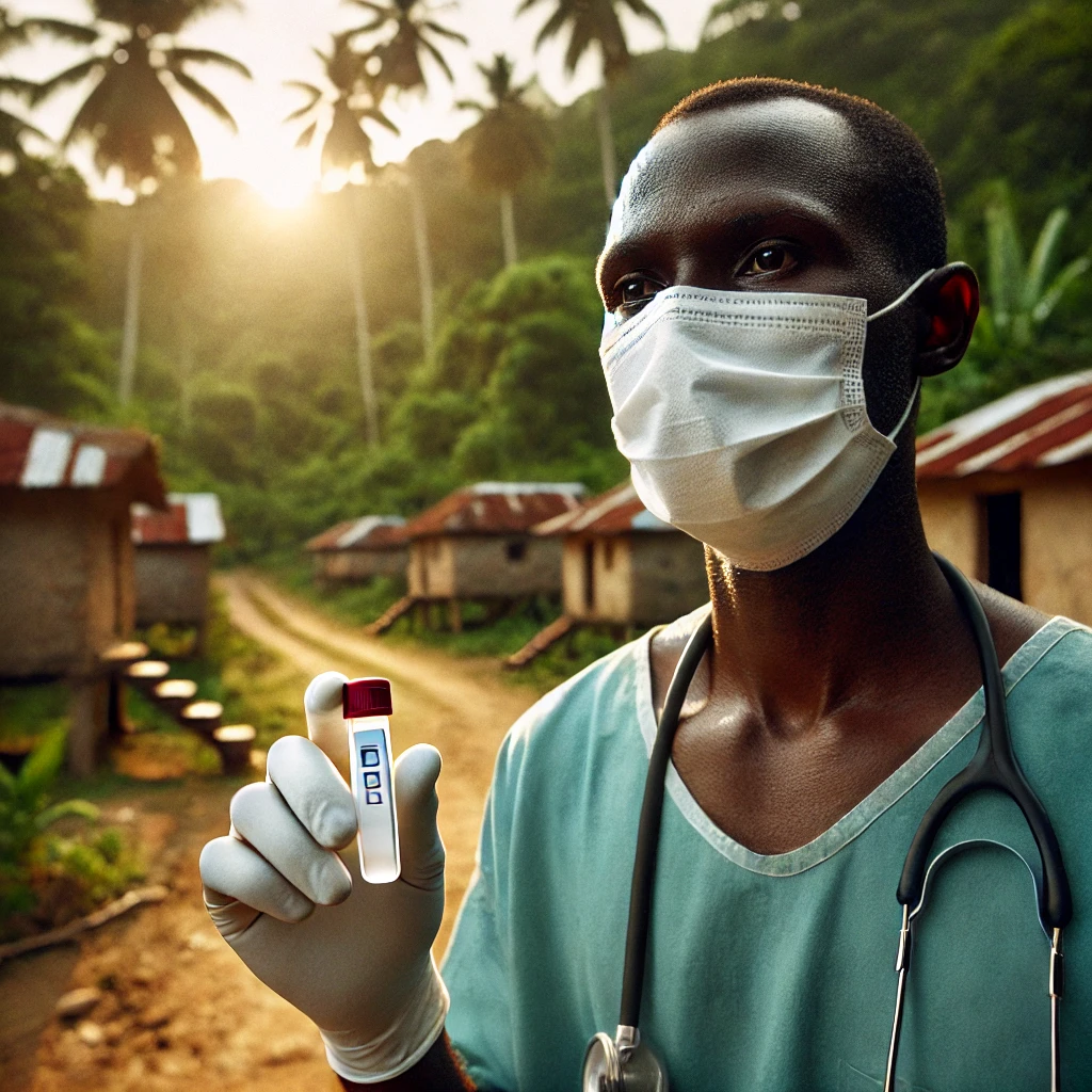 profissional-de-saude-em-um-pequeno-vilarejo-africano-segurando-um-kit-de-testes-laboratoriais-com-floresta-ao-fundo-e-iluminacao-suave-destacando-a-figura-central Doença no Congo: OMS Investiga Surto com 50 Mortes